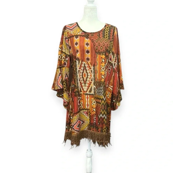 Uncle Frank Aztec Print Bell Sleeve Fringe Boho Style Dress Size Medium - Picture 9 of 12